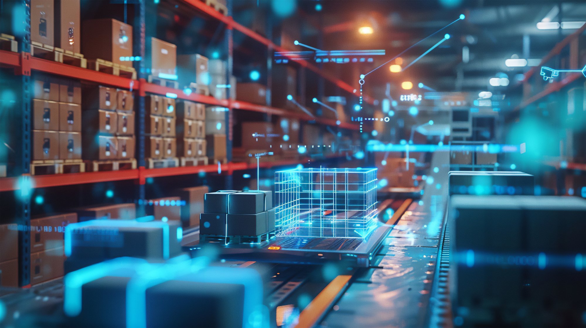 None-Stock-smart warehouse with artificial intelligence, without human intervention. autonomous form of sorting and loading of goods. smart logistics and sorting technologies. Generative AI