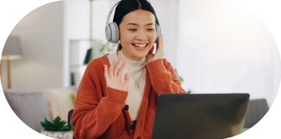 Stock-Woman-on-video-call-with-work-from-home-laptop,-headphones-and-virtual-international-online-meeting